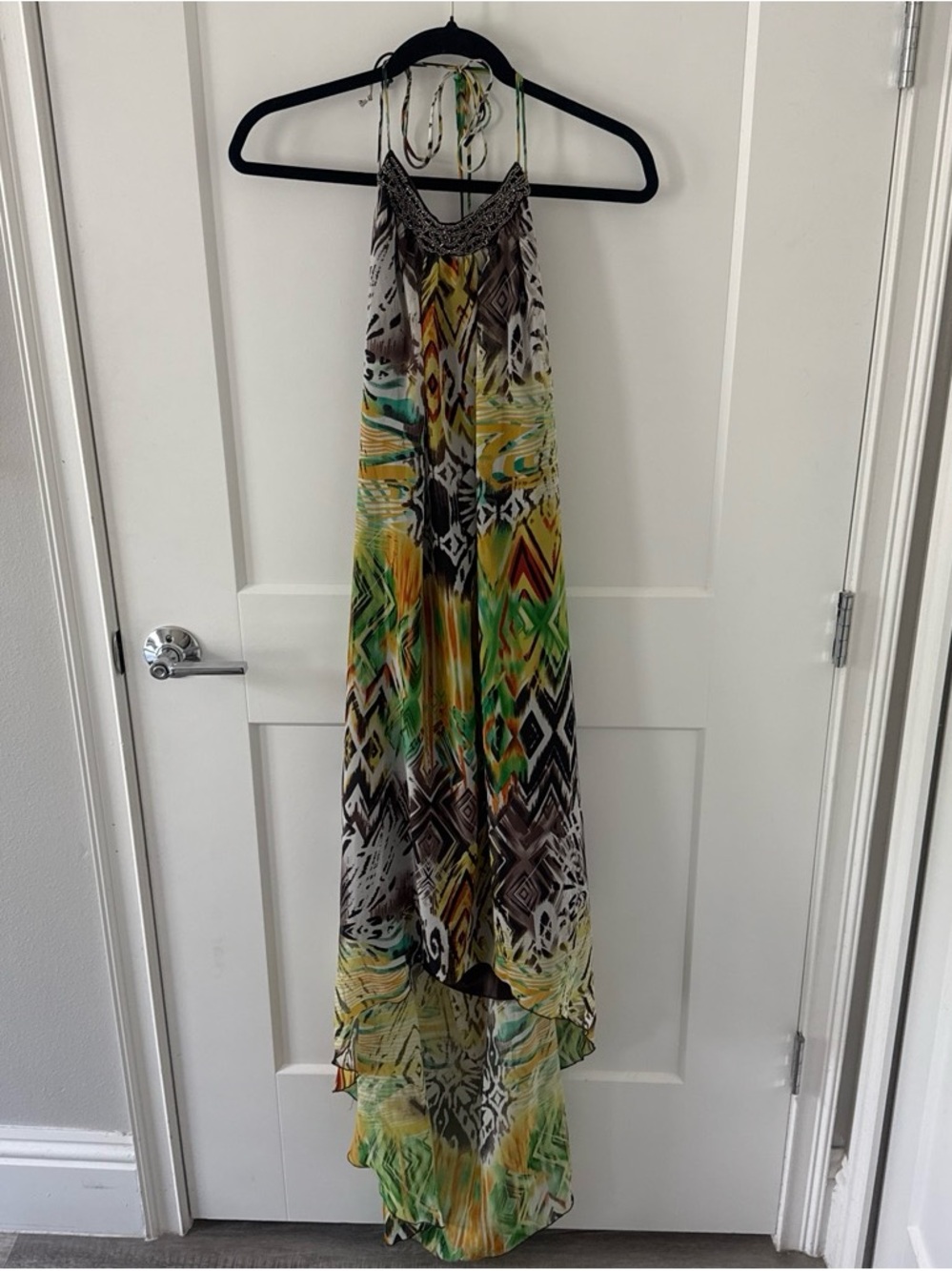 Sleeveless Halter Maxi Dress in Green & Yellow Print